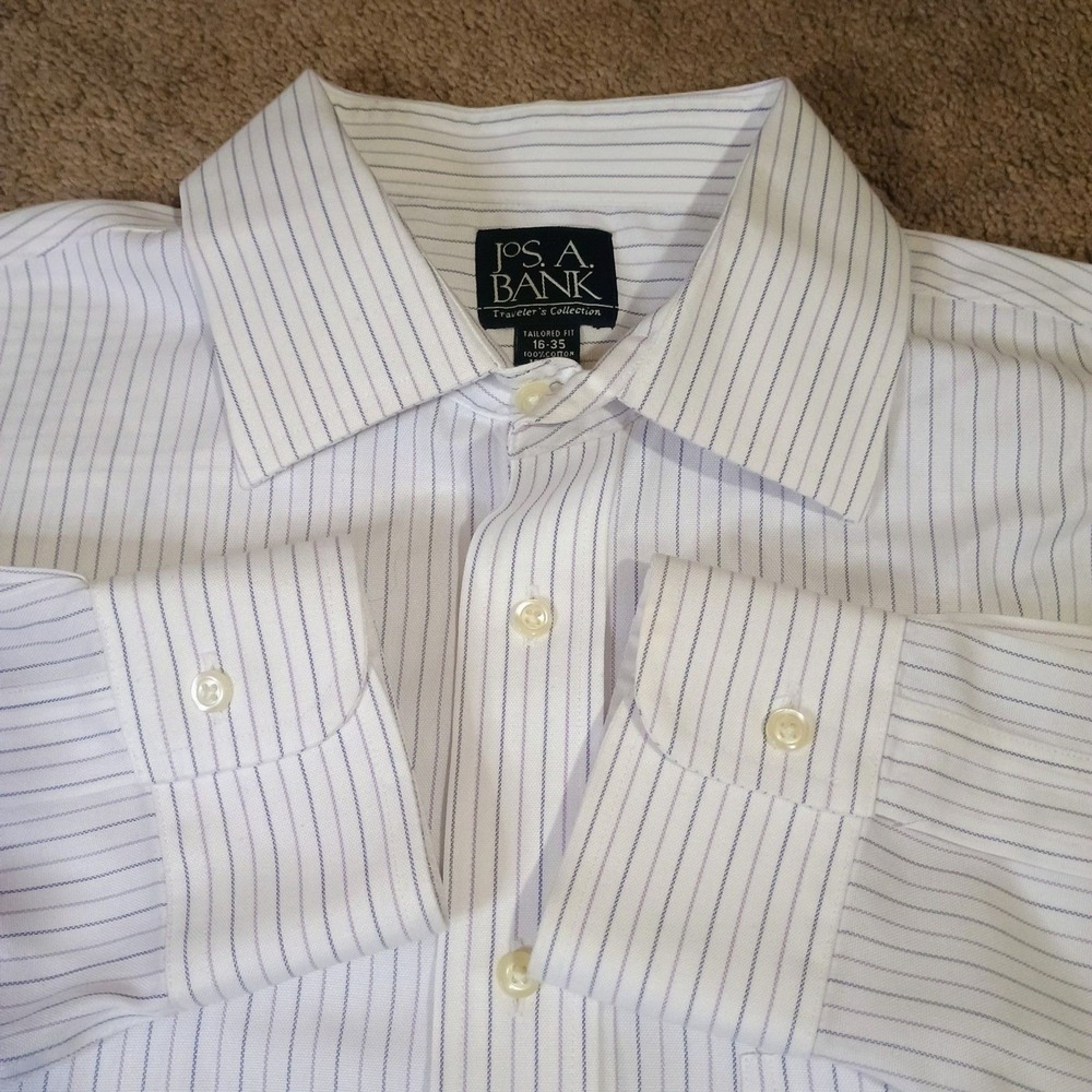 Jos. A. Bank Dress Shirt Men 16-35 Tailored Fit Pinstripe White Blue Office Wear